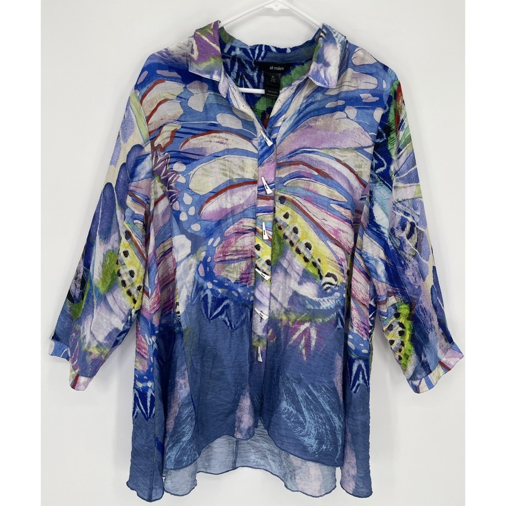 Ali Miles Womens Art To Wear Butterfly Print Top Lagenlook Boho Colorful Sz XL